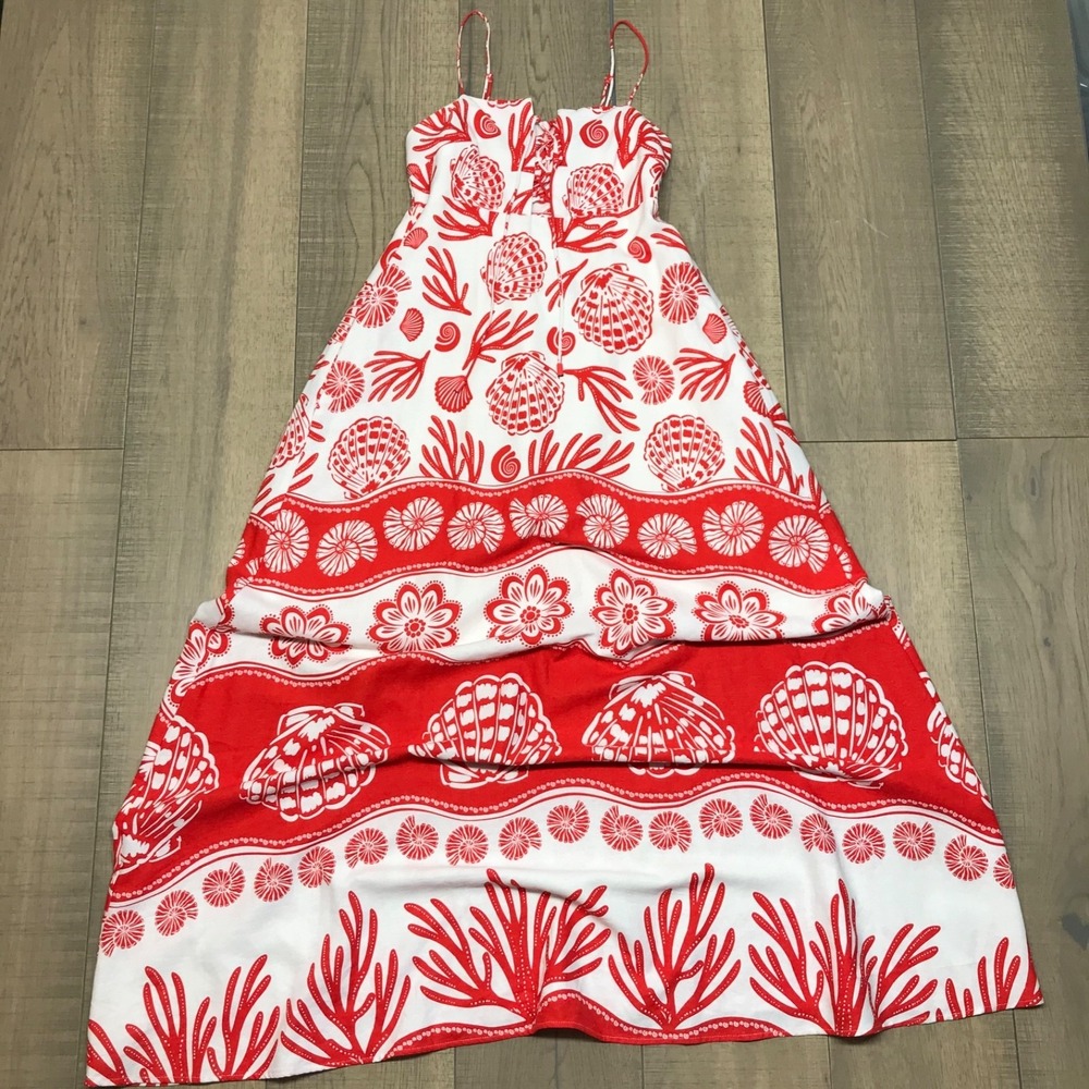 Calypso St. Barth Maxi Dress Womens Sz XS Red Shell Coral Linen Blend Beach Sea - Picture 1 of 12